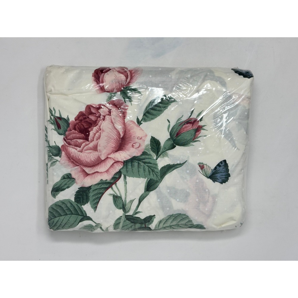 Vintage WestPoint Stevens Queen Fitted Sheet Pink Rose Butterfly Polka Dot 180TC